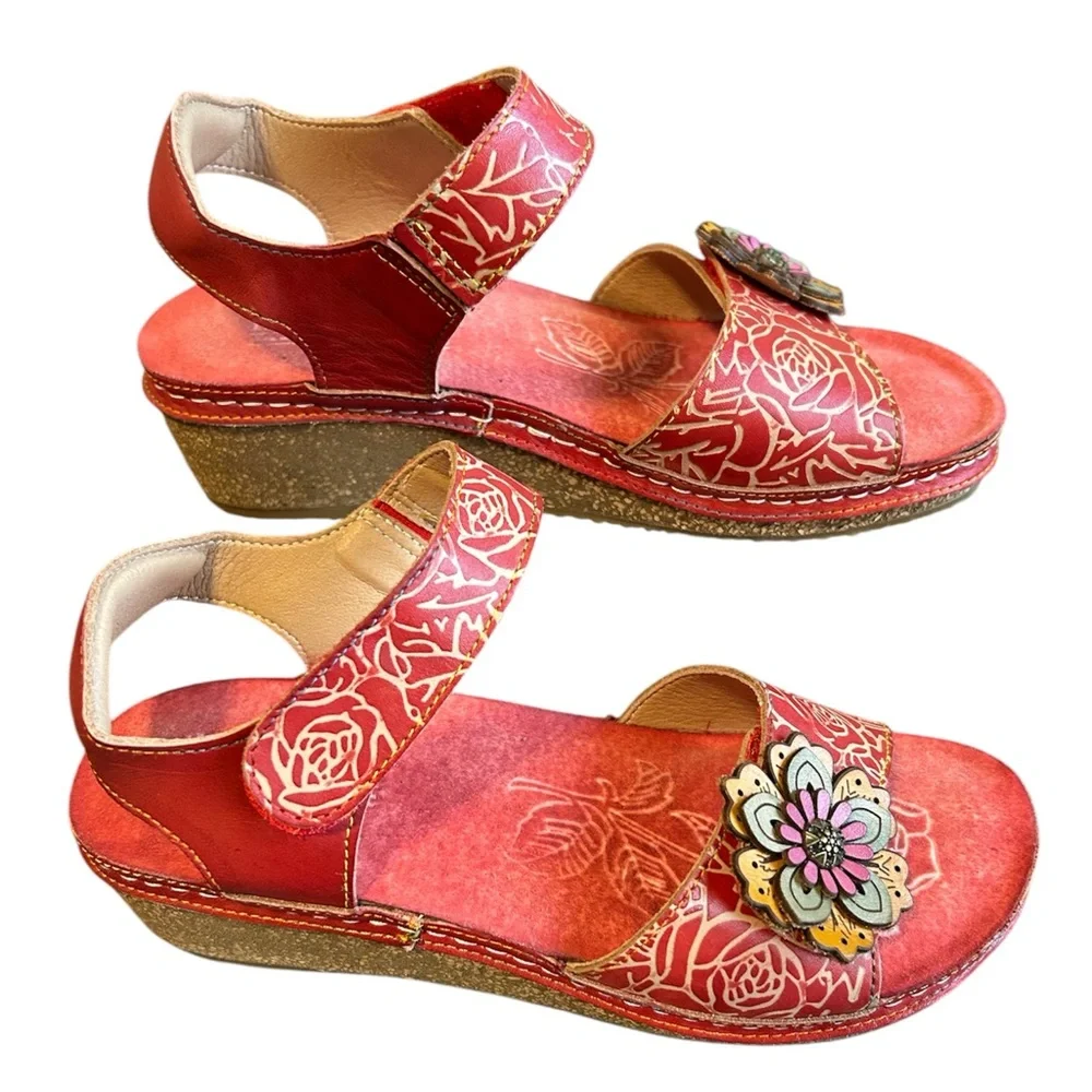 LARTISTE by Spring Step Leather Wedge Sandals Red Women 6.5 - 7 EU 37